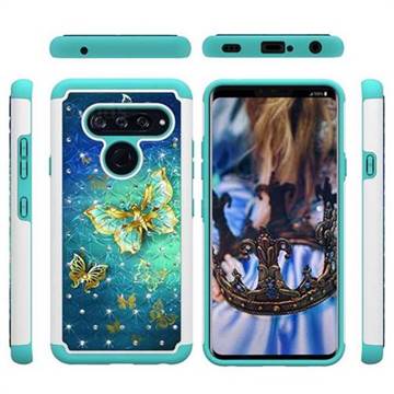 Gold Butterfly Studded Rhinestone Bling Diamond Shock Absorbing Hybrid Defender Rugged Phone Case Cover for LG V40 ThinQ