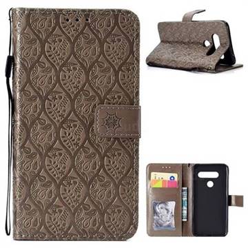 Intricate Embossing Rattan Flower Leather Wallet Case for LG V40 ThinQ - Grey
