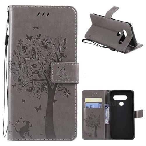 Embossing Butterfly Tree Leather Wallet Case for LG V40 ThinQ - Grey