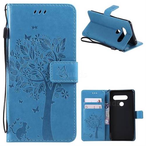 Embossing Butterfly Tree Leather Wallet Case for LG V40 ThinQ - Blue