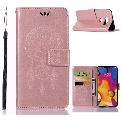 Intricate Embossing Owl Campanula Leather Wallet Case for LG V40 ThinQ - Rose Gold