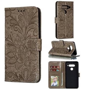 Intricate Embossing Lace Jasmine Flower Leather Wallet Case for LG V40 ThinQ - Gray