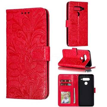 Intricate Embossing Lace Jasmine Flower Leather Wallet Case for LG V40 ThinQ - Red