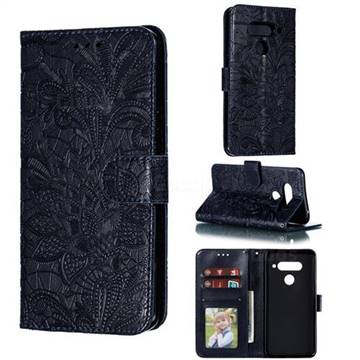 Intricate Embossing Lace Jasmine Flower Leather Wallet Case for LG V40 ThinQ - Dark Blue