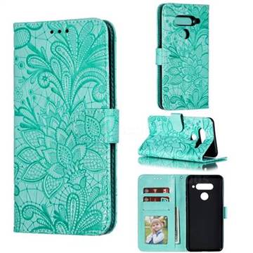 Intricate Embossing Lace Jasmine Flower Leather Wallet Case for LG V40 ThinQ - Green