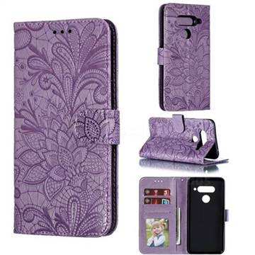 Intricate Embossing Lace Jasmine Flower Leather Wallet Case for LG V40 ThinQ - Purple