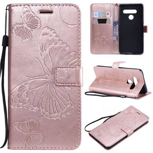 Embossing 3D Butterfly Leather Wallet Case for LG V50 ThinQ 5G - Rose Gold
