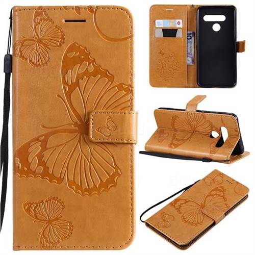 Embossing 3D Butterfly Leather Wallet Case for LG V50 ThinQ 5G - Yellow
