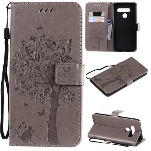 Embossing Butterfly Tree Leather Wallet Case for LG V50 ThinQ 5G - Grey