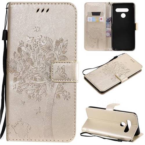 Embossing Butterfly Tree Leather Wallet Case for LG V50 ThinQ 5G - Champagne