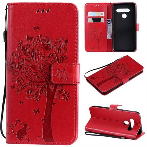 Embossing Butterfly Tree Leather Wallet Case for LG V50 ThinQ 5G - Red