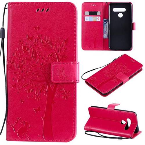 Embossing Butterfly Tree Leather Wallet Case for LG V50 ThinQ 5G - Rose