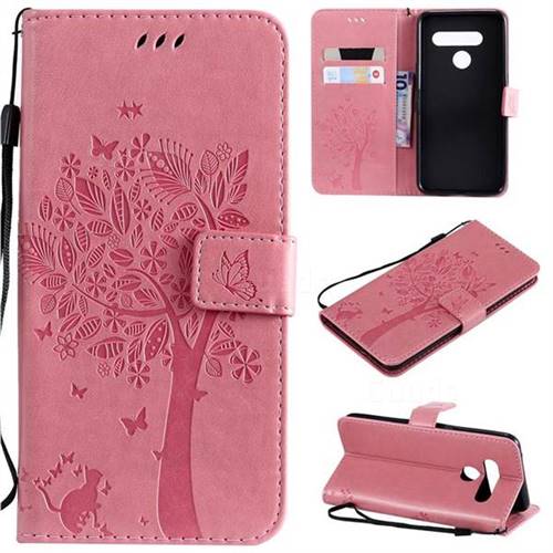 Embossing Butterfly Tree Leather Wallet Case for LG V50 ThinQ 5G - Pink