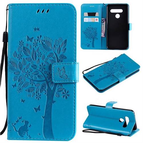 Embossing Butterfly Tree Leather Wallet Case for LG V50 ThinQ 5G - Blue