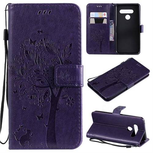 Embossing Butterfly Tree Leather Wallet Case for LG V50 ThinQ 5G - Purple
