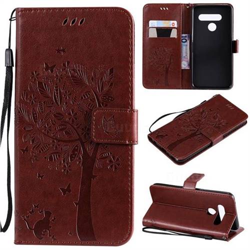 Embossing Butterfly Tree Leather Wallet Case for LG V50 ThinQ 5G - Coffee