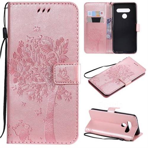 Embossing Butterfly Tree Leather Wallet Case for LG V50 ThinQ 5G - Rose Pink