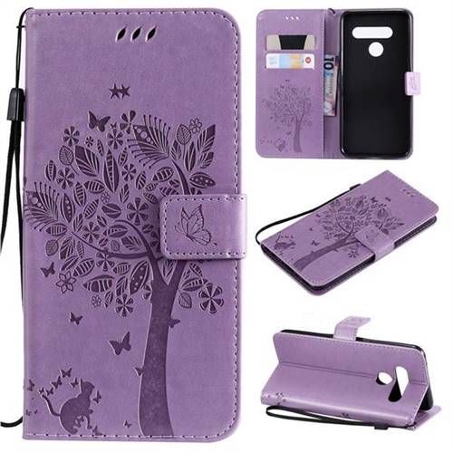 Embossing Butterfly Tree Leather Wallet Case for LG V50 ThinQ 5G - Violet