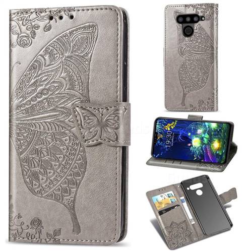Embossing Mandala Flower Butterfly Leather Wallet Case for LG V50 ThinQ 5G - Gray