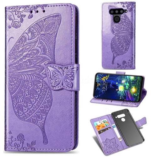 Embossing Mandala Flower Butterfly Leather Wallet Case for LG V50 ThinQ 5G - Light Purple