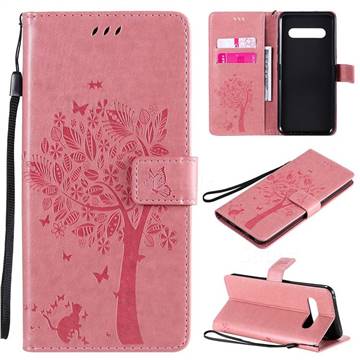 Embossing Butterfly Tree Leather Wallet Case for LG V60 ThinQ 5G - Pink