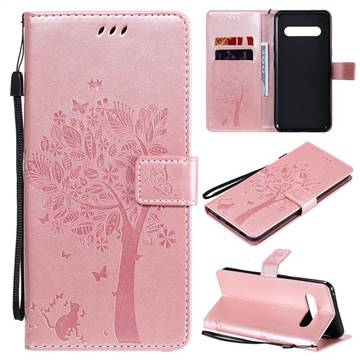 Embossing Butterfly Tree Leather Wallet Case for LG V60 ThinQ 5G - Rose Pink