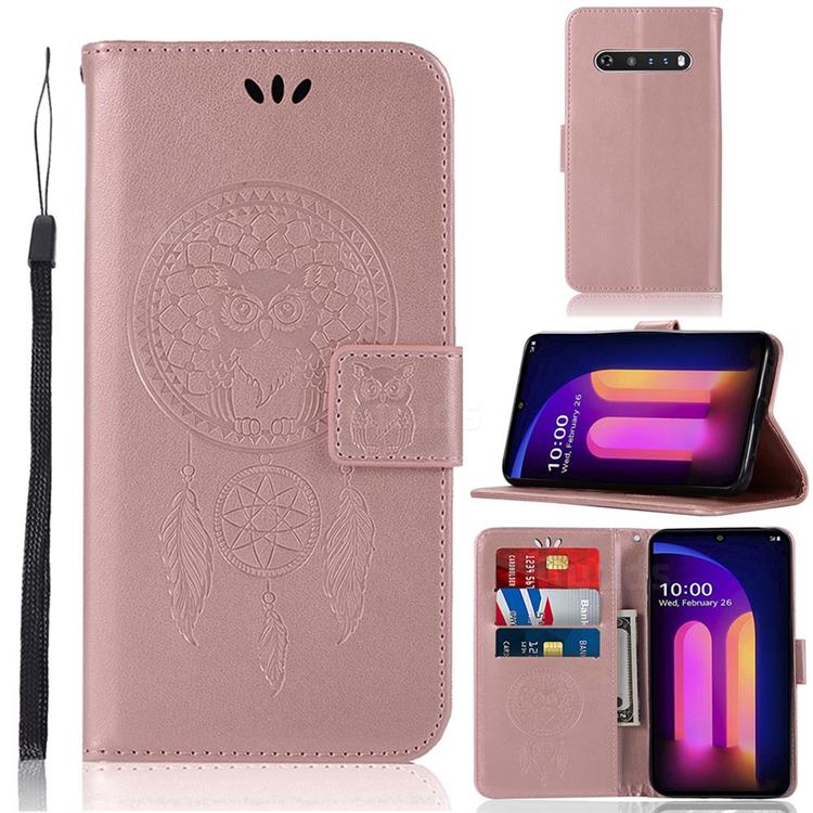 Intricate Embossing Owl Campanula Leather Wallet Case for LG V60 ThinQ 5G - Rose Gold