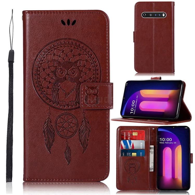 Intricate Embossing Owl Campanula Leather Wallet Case for LG V60 ThinQ 5G - Brown