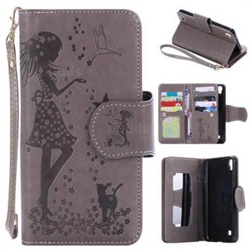 Embossing Cat Girl 9 Card Leather Wallet Case for LG X Power LS755 K220DS K220 US610 K450 - Gray
