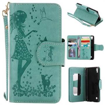 Embossing Cat Girl 9 Card Leather Wallet Case for LG X Power LS755 K220DS K220 US610 K450 - Green