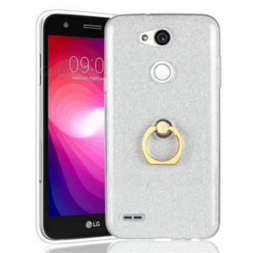 Luxury Soft TPU Glitter Back Ring Cover with 360 Rotate Finger Holder Buckle for LG X Power 3 - White