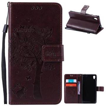 Embossing Butterfly Tree Leather Wallet Case for Sony Xperia M4 Aqua E2303 E2333 E2353 - Coffee