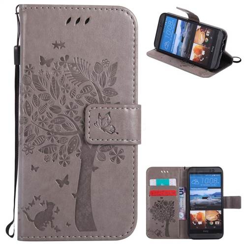 Embossing Butterfly Tree Leather Wallet Case for HTC One M9 - Grey