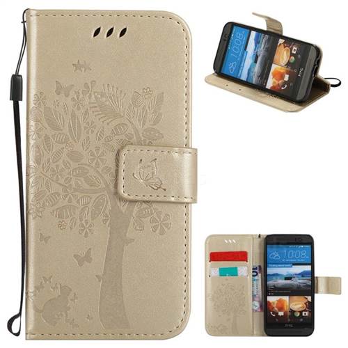 Embossing Butterfly Tree Leather Wallet Case for HTC One M9 - Champagne