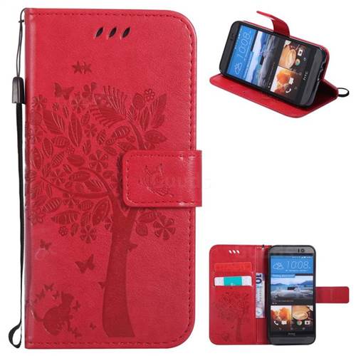 Embossing Butterfly Tree Leather Wallet Case for HTC One M9 - Red