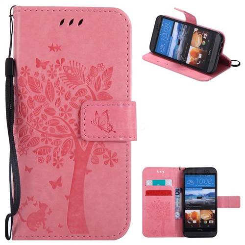 Embossing Butterfly Tree Leather Wallet Case for HTC One M9 - Pink