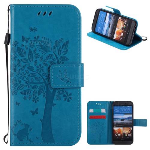 Embossing Butterfly Tree Leather Wallet Case for HTC One M9 - Blue