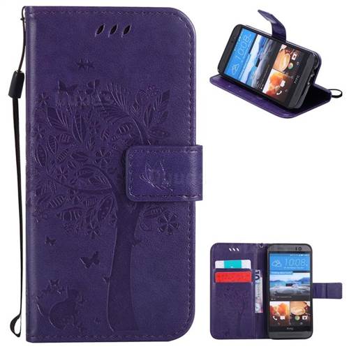 Embossing Butterfly Tree Leather Wallet Case for HTC One M9 - Purple