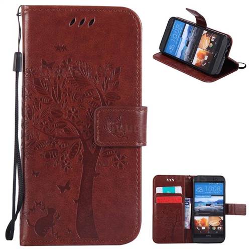 Embossing Butterfly Tree Leather Wallet Case for HTC One M9 - Brown