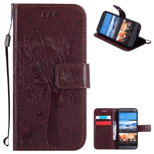 Embossing Butterfly Tree Leather Wallet Case for HTC One M9 - Coffee