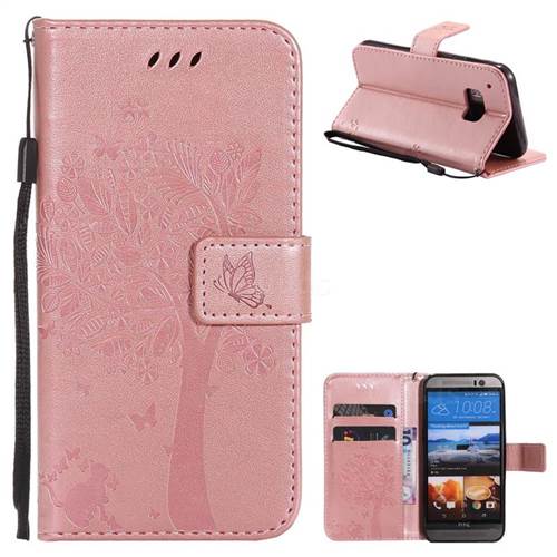 Embossing Butterfly Tree Leather Wallet Case for HTC One M9 - Rose Pink