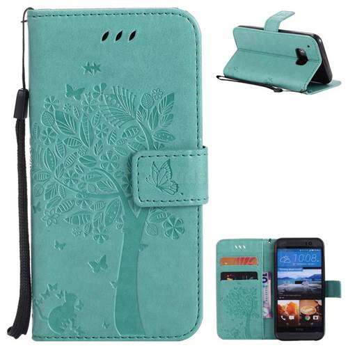 Embossing Butterfly Tree Leather Wallet Case for HTC One M9 - Cyan