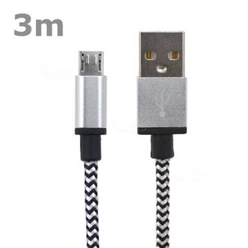 3m Metal Nylon Micro USB Cable for Samsung / HTC / LG / Nokia / Sony - Silver