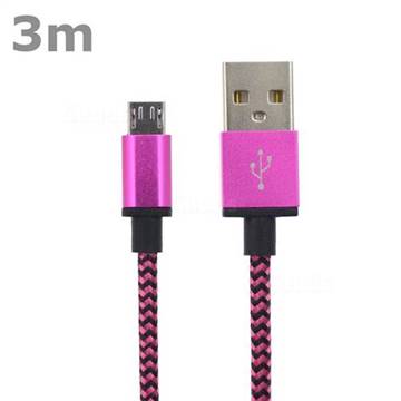 3m Metal Nylon Micro USB Cable for Samsung / HTC / LG / Nokia / Sony - Rose