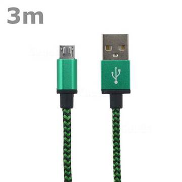 3m Metal Nylon Micro USB Cable for Samsung / HTC / LG / Nokia / Sony - Green