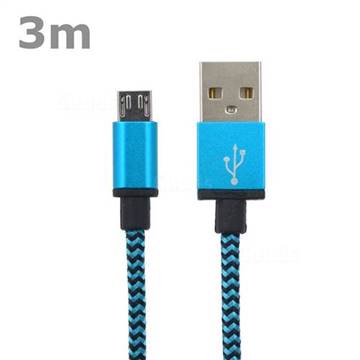 3m Metal Nylon Micro USB Cable for Samsung / HTC / LG / Nokia / Sony - Blue