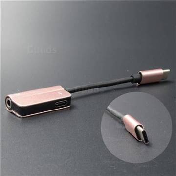 Metal 2 in 1 Type-C Male to Type-C Female + 3.5mm Headphone Jack Adapter - Rose Gold
