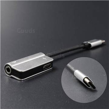 Metal 2 in 1 Type-C Male to Type-C Female + 3.5mm Headphone Jack Adapter - Silver