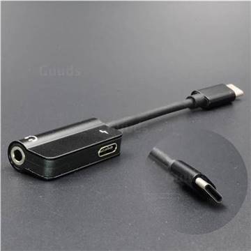 Metal 2 in 1 Type-C Male to Type-C Female + 3.5mm Headphone Jack Adapter - Black