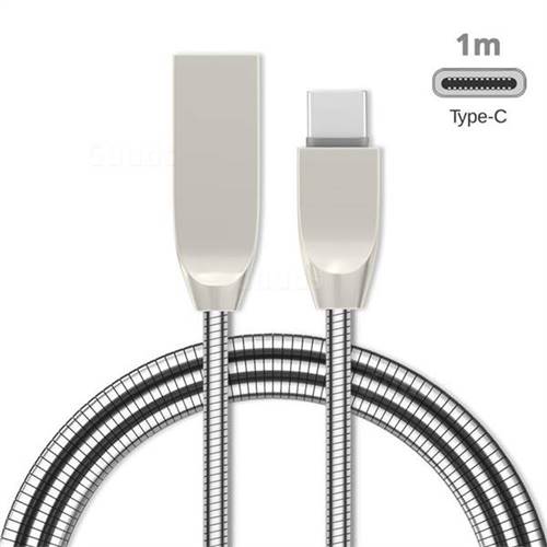 1m Metal D Sharp Zinc Alloy Spring Type-C Data Charging Cable USB C to USB A Cable - Silver